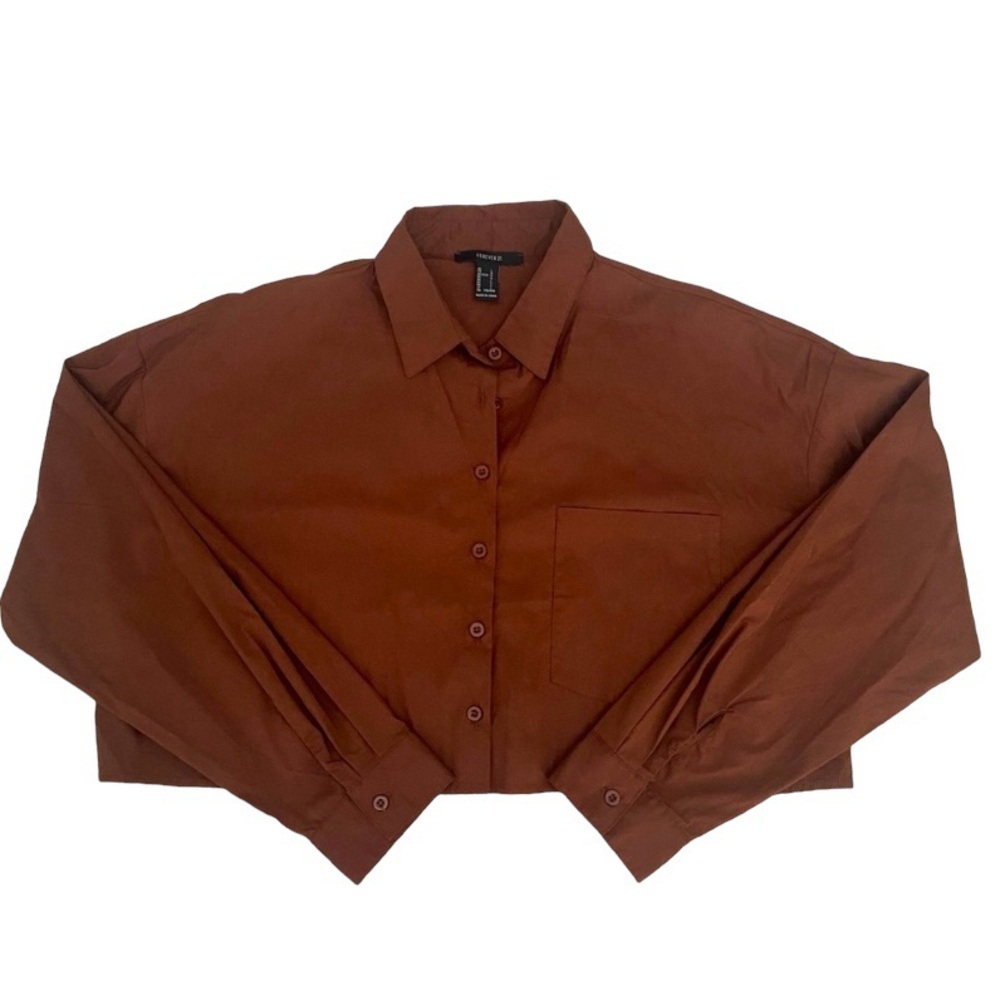 FOREVER 21 BROWN CROPPED BUTTON UP SHIRT SIZE LARGE